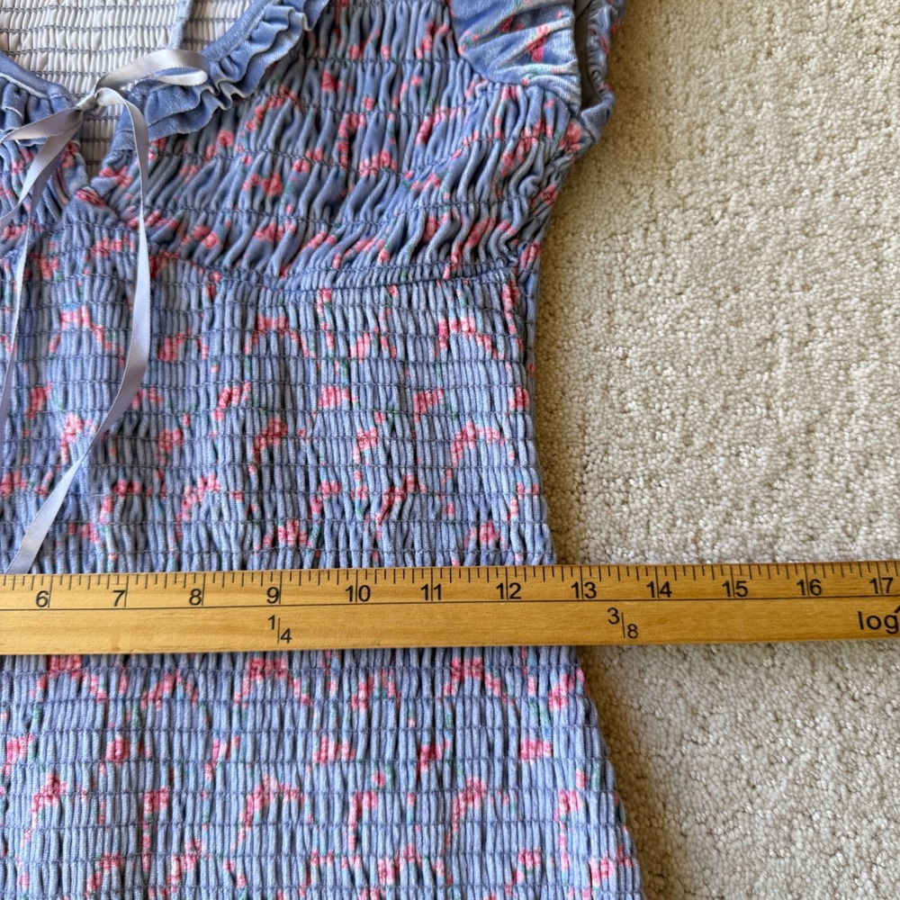 Free People McKenna Velvet Midi Dress Womens XS Blue Pink Floral Smocked Ruffle - Picture 15 of 16